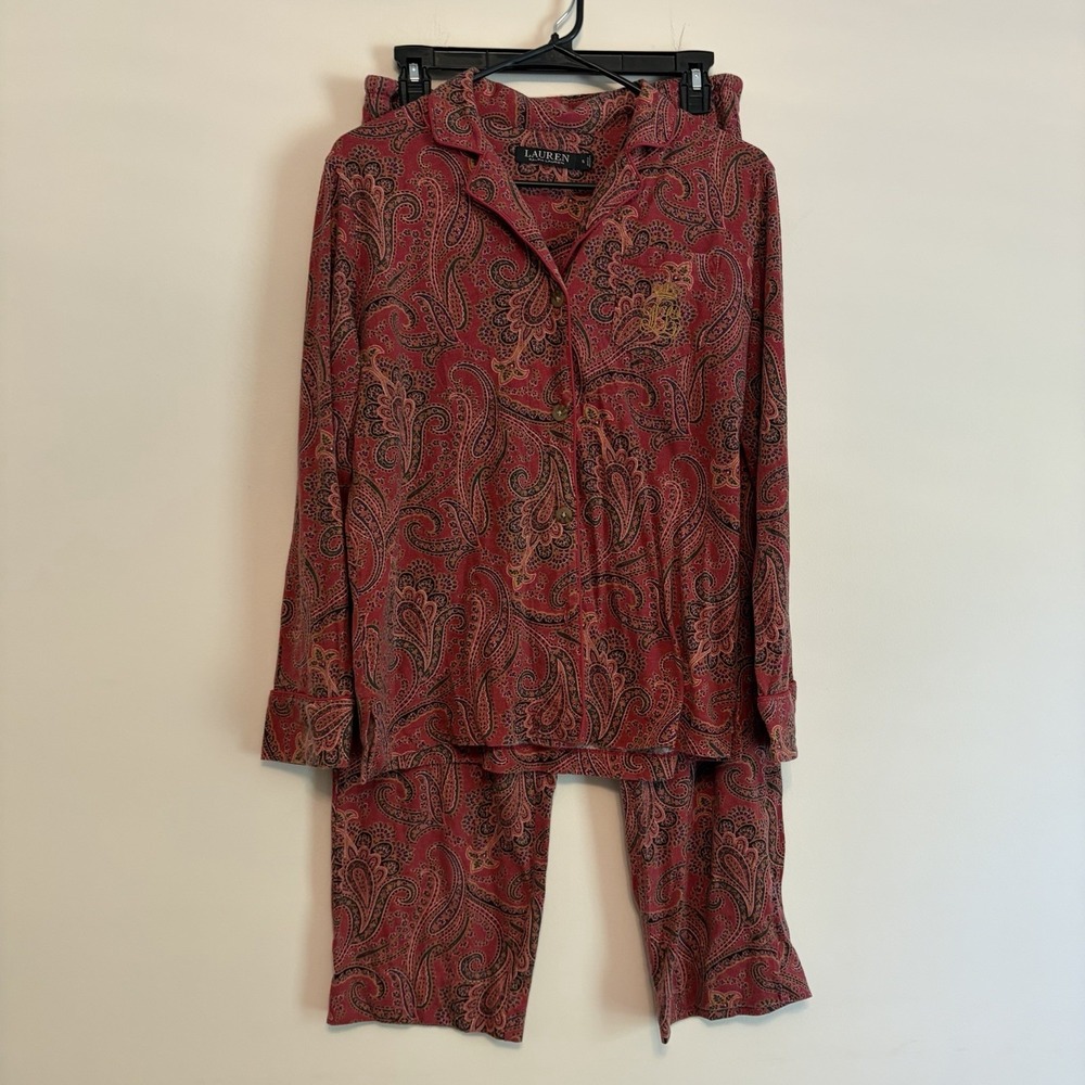 Lauren Ralph Lauren Small Soft Knit Pajama Set Button Red Paisley Designer